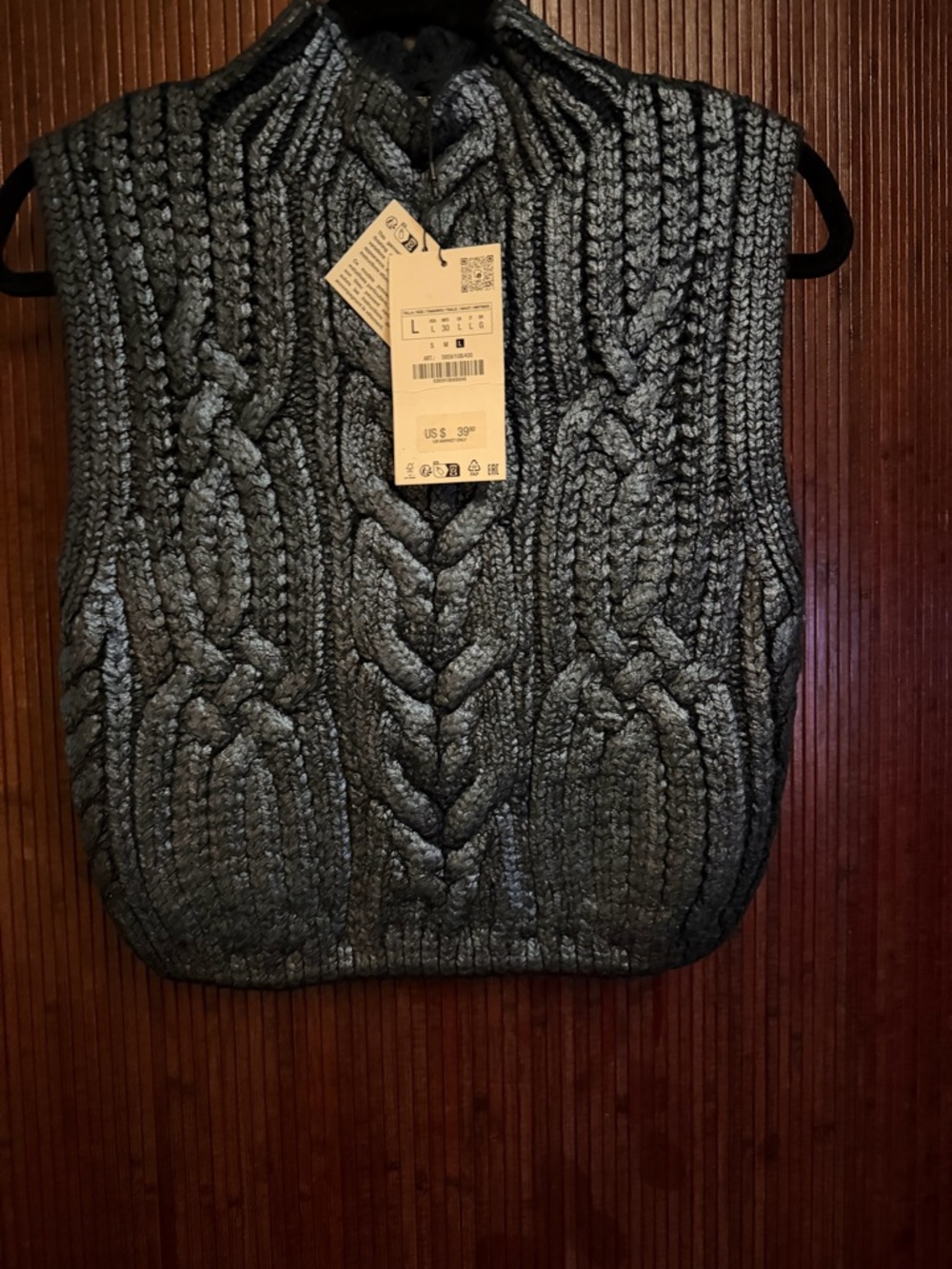 Zara Cable Knit Sweater Vest Blue Sleeveless Size L NWT